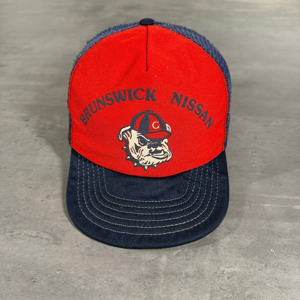 Vintage Brunswick Nissan Bulldog Trucker Hat 60s 70s Made in USA Red Navy Blue